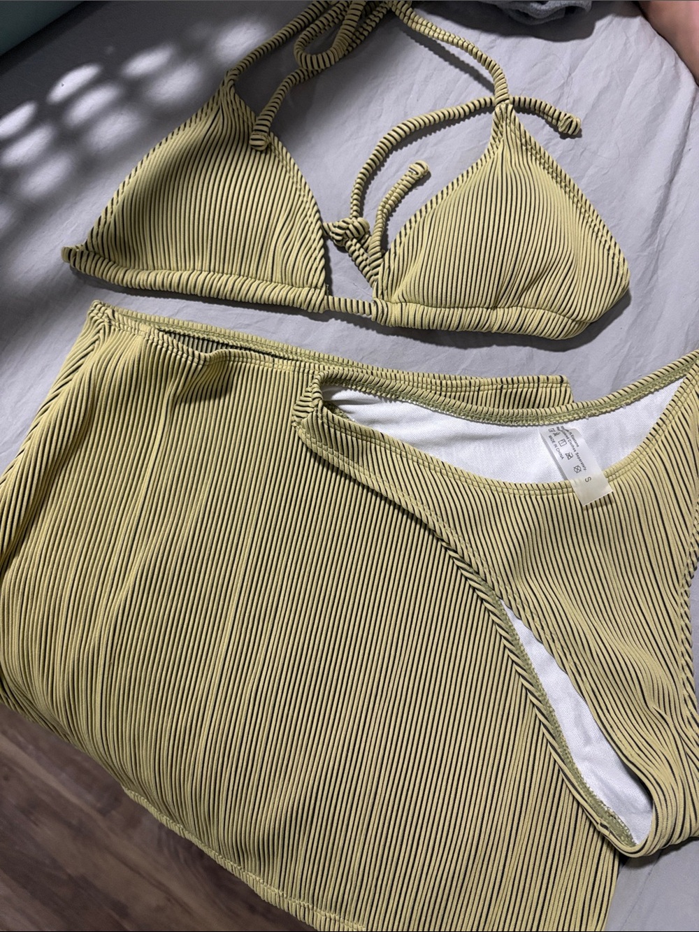 SHEIN Yellow Ribbed Triangle Bikini Set with High-Cut Bottoms